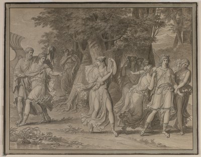 Telemachus, oppfordret av mentor, forlater øya Calypso, 1800. av Charles Meynier