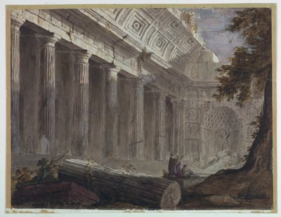 Antikke ruiner med figurer som vurderer av Charles Michel Ange Challe