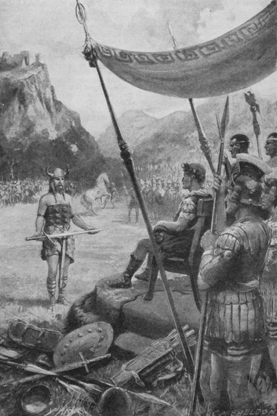 Julius Caesar mottar underkastelsen av en beseiret høvding i Gallia (litho) av Charles Mills (after) Sheldon