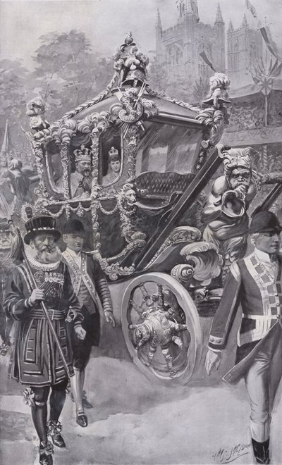 Kong Edward VII og dronning Alexandra i statstreneren på vei tilbake fra kroningen i Westminster Abbey, London av Charles Mills (after) Sheldon
