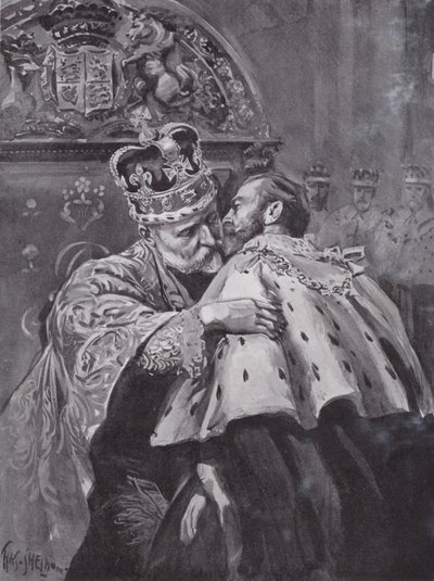 Kong Edward VII omfavner sønnen, prinsen av Wales, ved kongens kroning, Westminster Abbey, London av Charles Mills (after) Sheldon