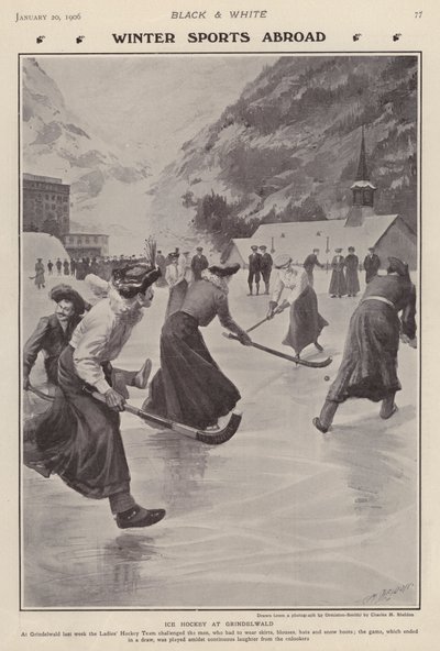 Spiller ishockey i Grindelwald, Sveits (litho) av Charles Mills (after) Sheldon