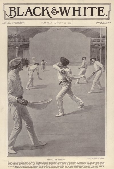 Den baskiske sporten pelota som spilles på Olympia, London (litho) av Charles Mills (after) Sheldon