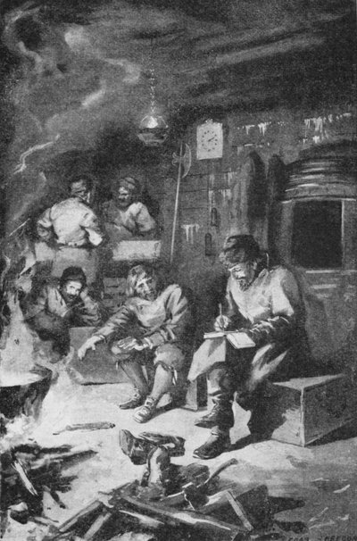 William Barents skrev dagboken sin mens han tilbrakte vinteren i en hytte på Nova Zembla (litho) av Charles Mills (after) Sheldon