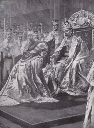 Hyllest av erkebiskopen av Canterbury ved kroningen av kong Edward VII, Westminster Abbey, London, 1902 av Charles Mills after Sheldon