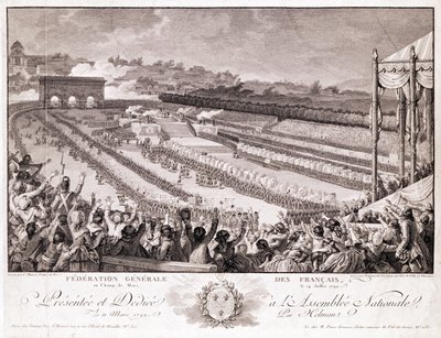 Festival of the Federation, 14. juli 1790, på Champ de Mars, sent på 1700-tallet, gravert av Isidore Stanislas Helman (1743-1809) av Charles Monnet
