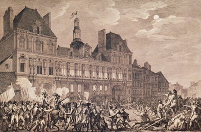 Robespierre, Saint-Just, Couthon og Hanriot tar tilflukt i Hotel-de-Ville i Paris, 9. Thermidor år II (27. juli 1794) 1800 av Charles Monnet