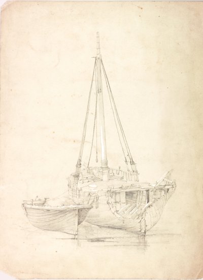 Gammel fiskebåt og jolle (kroppsfarge og blyant på papir) av Charles Napier Hemy