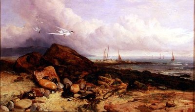 Strandscene med fiskebåt og terner av Charles Napier Hemy