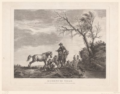 Reisende under et mellomlanding Ulykke på reise. (tittel på objekt) av Charles Nicolas Cochin (II)