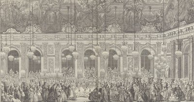 Dekorasjon til et maskeball i Versailles, i anledning t..., ca. 1860-opptrykk av 1764-plate. av Charles Nicolas Cochin