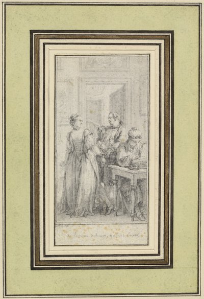 Åttende dag, første historie, Madonna Ambruogia gir mannen sin de to hundre florinene hun ble gitt av Gulfardo som betaling for hennes tjenester av Charles Nicolas Cochin II