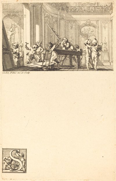 Putti forbereder interiørdekorasjonen til et herskapshus av Charles Nicolas Cochin II