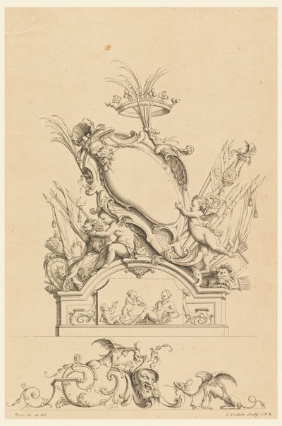 Design for Cartouche with Crown, Two Putti Serving Bacchus og Two Lions fra "Cartouches Nouvellement Inventez" av Charles Nicolas Cochin the younger