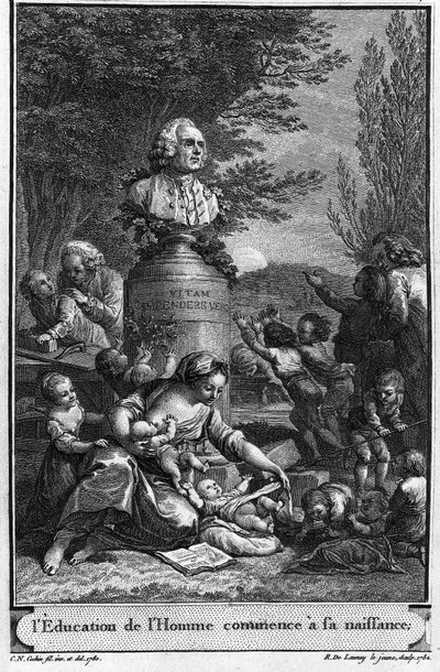 Menneskelig utdanning begynner ved fødselen. Frontispice (1782) av Jean Jacques Rousseau gravert av Robert Delaunay den unge (1749-1814) etter en tegning (1780) av Charles Nicolas Cochin den unge (1715-1790) med bysten av forfatteren. av Charles Nicolas II (after) Cochin