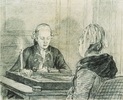 Et sittende par, damen sett bakfra, spiller Backgammon ved levende lys av Charles Nicolas II Cochin