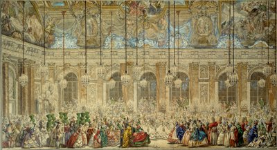 Ballmaske eller ball av Ifs gir til bryllupet til Louis Dauphin av Frankrike (1729-1765) med Marie Therese (Marie-Therese) fra Spania i Glace Gallery i Versailles i februar 1745 Tegning med penn og blekk av Charles Nicolas Cochin le Jeune (1715-1790) av Charles Nicolas II Cochin