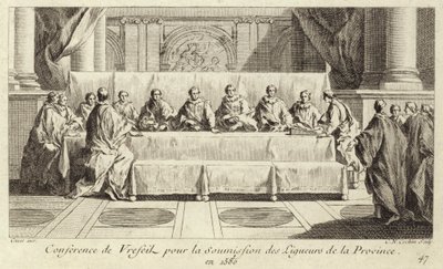 Konferanse for innlevering av medlemmer av den katolske ligaen i Languedoc av Charles Nicolas II Cochin
