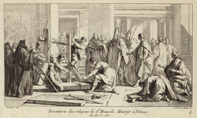 Oppdagelse av relikviene til St. Baudile, martyrdøden i Nimes i 250 (gravering) av Charles Nicolas II Cochin