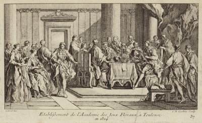 Etablering av Academie des Jeux Floraux, det eldste litterære samfunnet i den vestlige verden, Toulouse, Frankrike av Charles Nicolas II Cochin