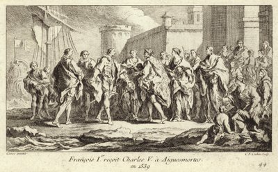 Kong Frans I av Frankrike mottok keiser Charles V i Aigues-Mortes av Charles Nicolas II Cochin