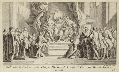 Møte i Toulouse mellom kong Filip III av Frankrike og kong Peter III av Aragon av Charles Nicolas II Cochin
