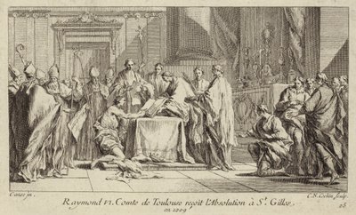 Raymond VI, grev av Toulouse, ydmyker seg ved kirken St Gilles for å få opphevet ekskommunikasjonen hans av Charles Nicolas II Cochin