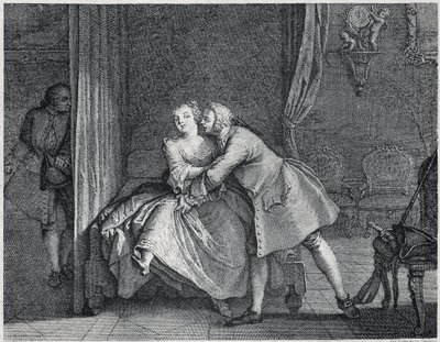 Øremakeren og formhylleillustrasjonen for Les contes de La Fontaine, ca. 1743”. gravering av Charles-Nicolas Cochin (1715-1790). av Charles Nicolas II Cochin
