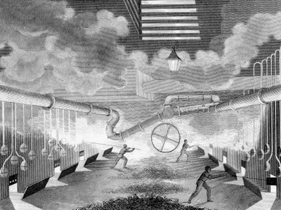Generell visning av et gassverk, som viser retorter som lades, 1835 av Charles Partington