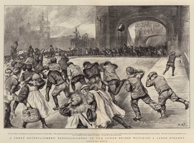 En billig underholdning, skolebarn på Tower Bridge ser på en stor dampbåt av Charles Paul Renouard
