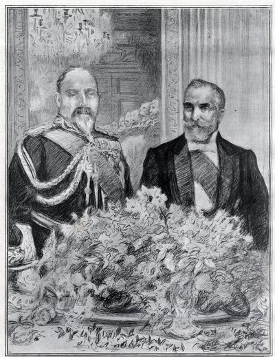 Hjertelig: den franske presidenten Emile Loubets besøk i London - banketten ved den franske ambassaden - kong Edward VII og Loubet - tegnet av Paul Renouard for avisen The Graphic. juli 1903. av Charles Paul Renouard