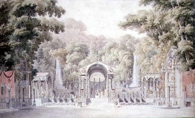 Design for et scenesett med et Venus-tempel i en skogkledd hage for Gretrys "Anacreon" av Charles Percier