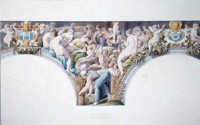 Ms 1014 Frise fra ballsalen på Fontainebleau, tallerken fra et album (akvarell og blyant på papir) av Charles Percier