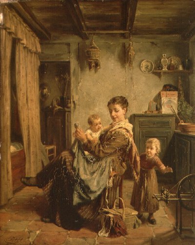 Cache-Cache, et interiør med mor og barn av Charles Petit