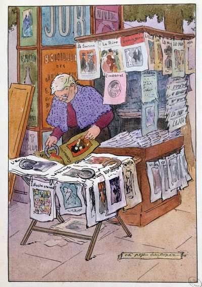 Small Metiers of Paris: kiosken har aviser. Tegning av Charles Pezeu dit Carlopez (20. århundre) av Charles Pezeu Carlopez