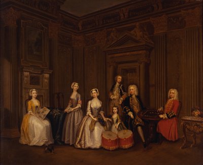 Portrett av Algernon Seymour, Lord Hertford (senere 7. hertug av Somerset) med oberst Tomkins Wardour, oberst Browne, Lord Beauchamp, Frances, Lady Hertford, Lady Elizabeth Seymour og frøken Herbert av Charles Philips