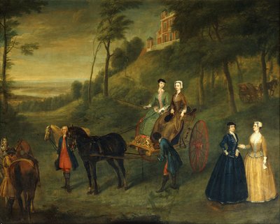 Ladies and Maids of Honor i Greenwich Park: Et gruppeportrett av Juliana, hertuginne av Leeds, Lady Charlotte Hamilton, Lady Isabella Tufton og Henrietta, grevinne av Pomfret, alle iført ridevaner, med brudgom og hester foran observatoriet, 173 av Charles Phillips