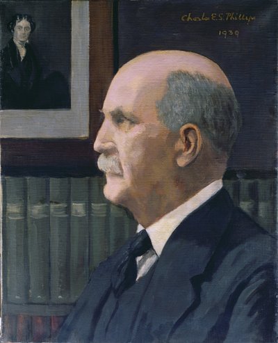 William Henry Bragg (1862-1942) med et bilde av Michael Faraday (1791-1867) i bakgrunnen, 1939 av Charles Phillips