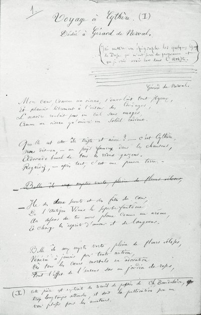 'Voyage a Cythere' autografdikt (penn og blekk på papir) (s/hvitt-bilde) av Charles Pierre Baudelaire
