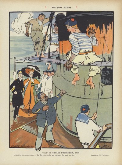 Våre gode sjømenn. Illustrasjon for Le Rire (farge litho) av Charles Pourriol