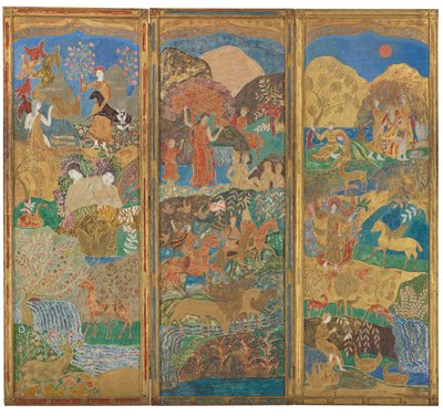 Tre-panels skjerm, ca. 1916-17 (olje og bladgull på gessoed tre) av Charles Prendergast
