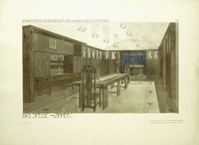 Spisestue, ca. 1901 (fargelitografi) av Charles Rennie (after) Mackintosh