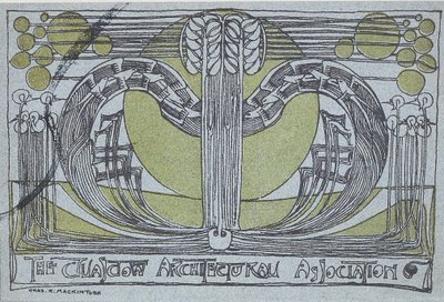 Conversazione Program for Glasgow Architectural Association, 1894 (linosnitt trykt i svart og grønt på lyseblått papir) av Charles Rennie Mackintosh