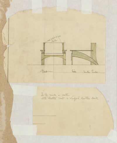 Design for en eik lenestol, vist foran og fra siden, 1905 av Charles Rennie Mackintosh