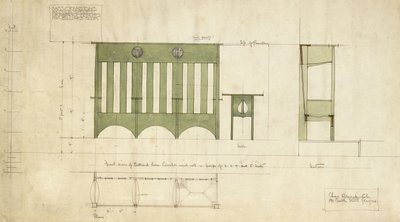 Utførelse for benker og bord, vist i oppriss og snittplan av Charles Rennie Mackintosh