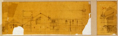 Design for fasaden til en kirke vist i oppriss, og et subsidiært design for inngangen til kirken, vist i oppriss, ca. 1895-99 av Charles Rennie Mackintosh