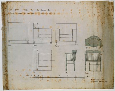Design for en polstret stol og en spindelstol vist i oppriss og planer av Charles Rennie Mackintosh