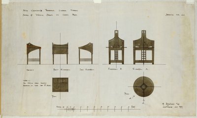 Design for skrivebord vist foran og fra siden, for Ingram Street Tea Rooms, 1909 av Charles Rennie Mackintosh