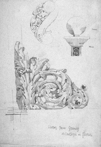Notater fra Italia [seks], Certosa di Pavia, 1891 (Blyant på blått papir) av Charles Rennie Mackintosh