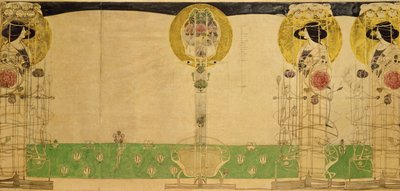 Foreløpig design for veggdekorasjon av første etasje Room of Miss Cranston's Buchanan Street Tearooms, 18967 (blyant og wc på kalkerpapir) av Charles Rennie Mackintosh